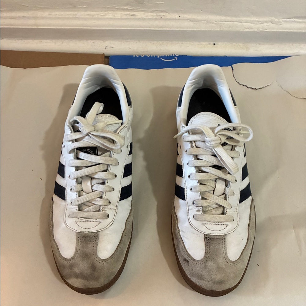 adidas White and Navy Low-Profile Sneakers with Tan Accents